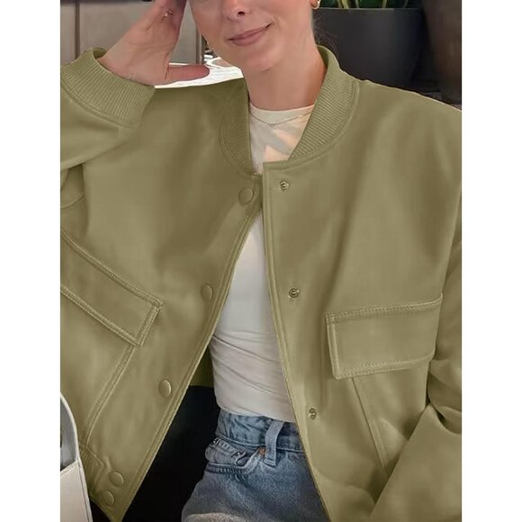 Women Green Cropped Bomber Jacket Button Down Varsity Shacket with Pockets - Picture 3 of 4